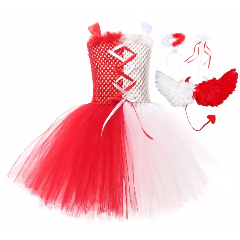 Kids' Red and White Spliced Tulle Tutu Dress, Angel & Devil Dual-Style Exquisite Formal Outfit for Halloween Parties and Stage