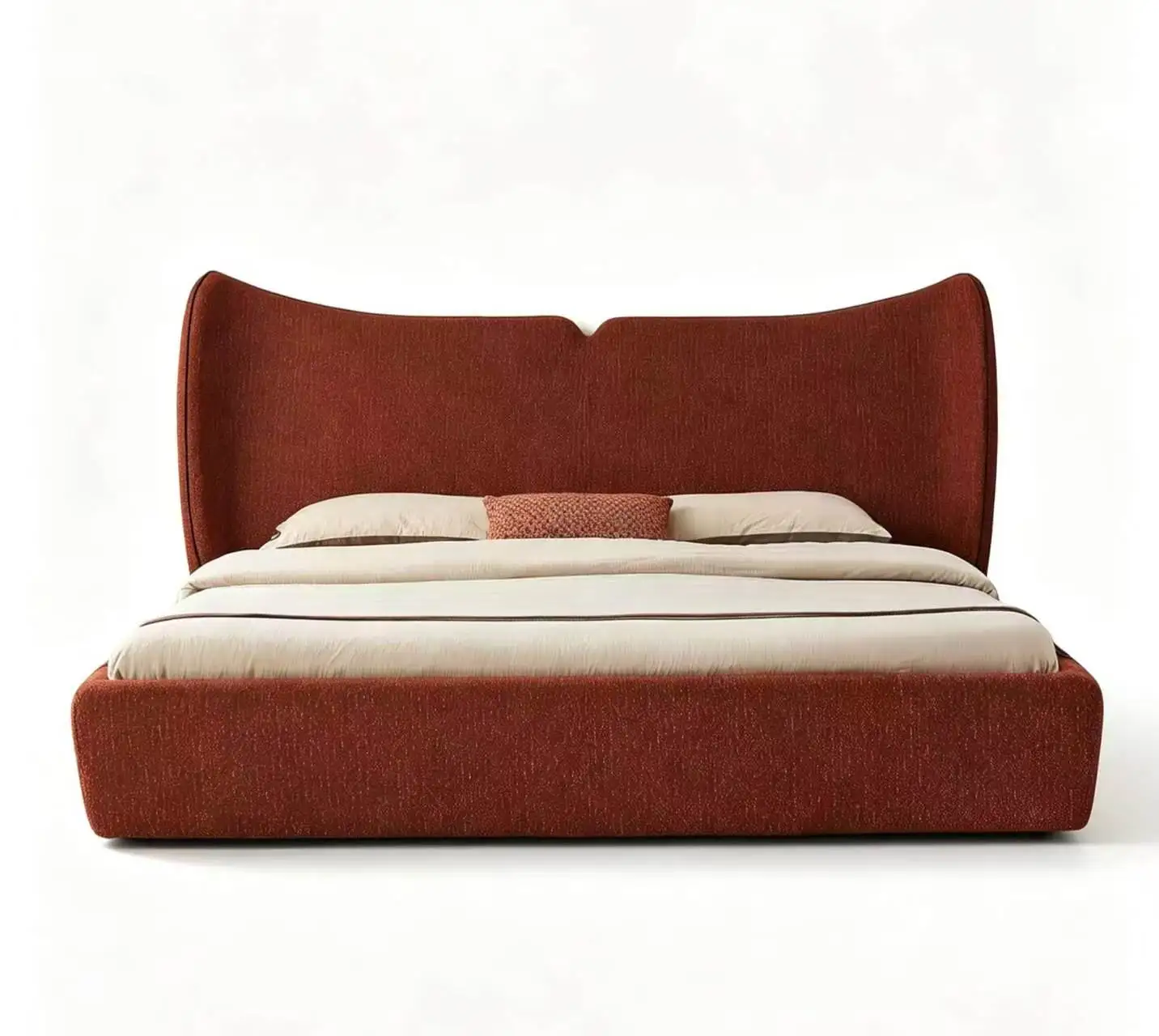 *Fish Tail Curved Headboard Teddy Fabric Upholstered Platform Bed With Full Wrapped Bed Base for Modern Master Bedroom
