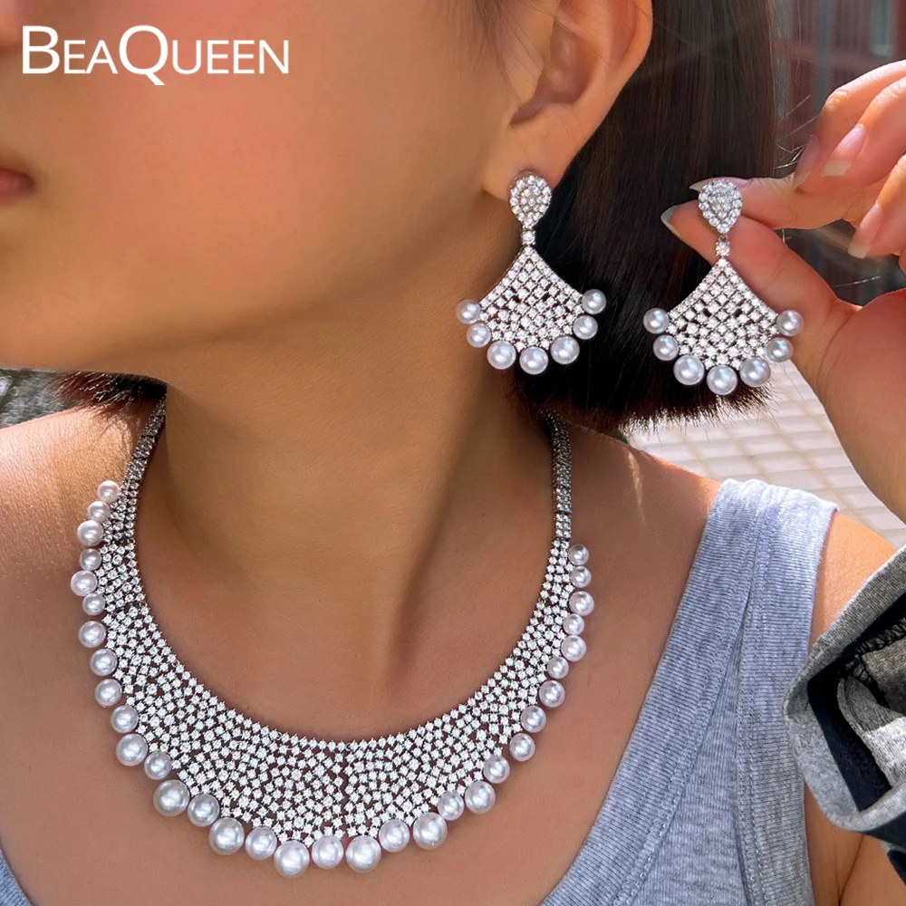 BeaQueen Elegant White Cubic Zirconia Fan Shaped Multi Layer Pearl Necklace Earrings for Women Wedding Party Jewelry Sets JS420