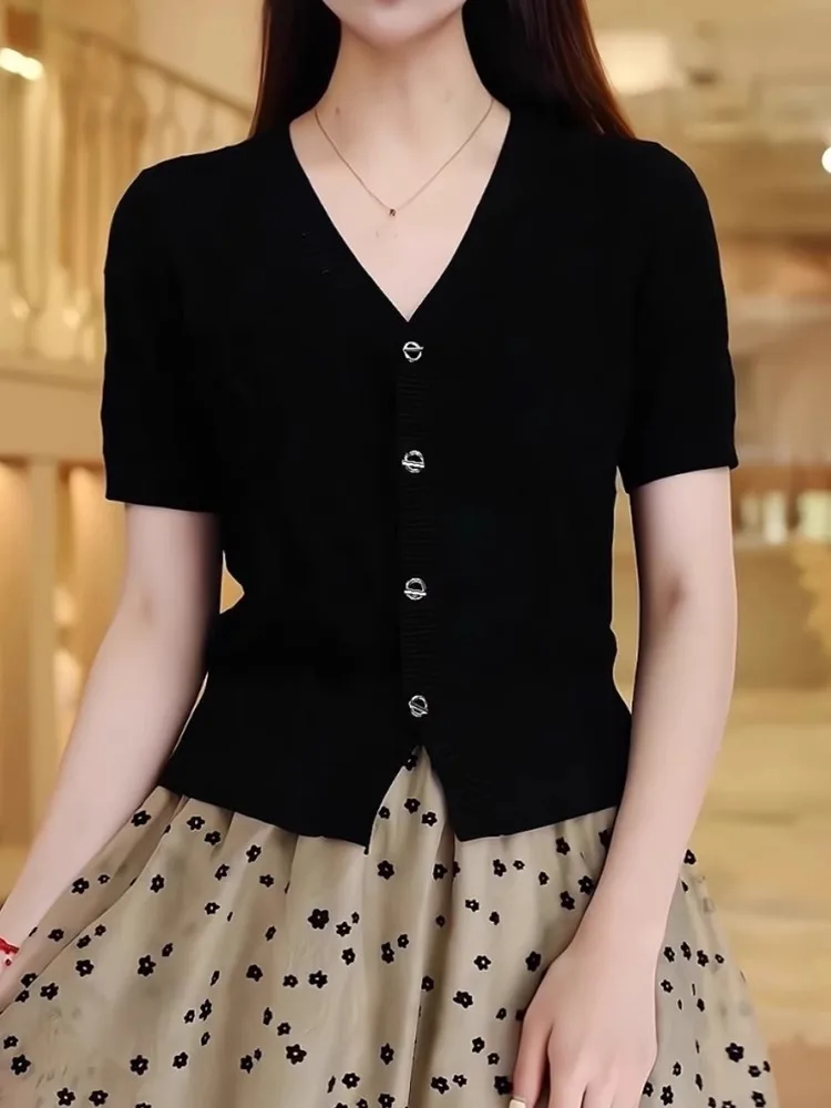 

Женский кардиган из ледяного шелка, облегающий, вязаный, с одной пуговицей, повседневный, универсальный, однотонный, модный, антивозрастной...