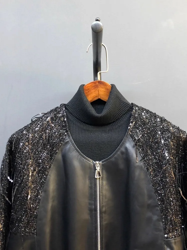 الشارع عارضة المرأة سترة جلدية حقيقية Batwing كم الترتر شرابة الأزياء المرقعة فضفاضة تناسب ملابس خارجية معطف جلد الغنم