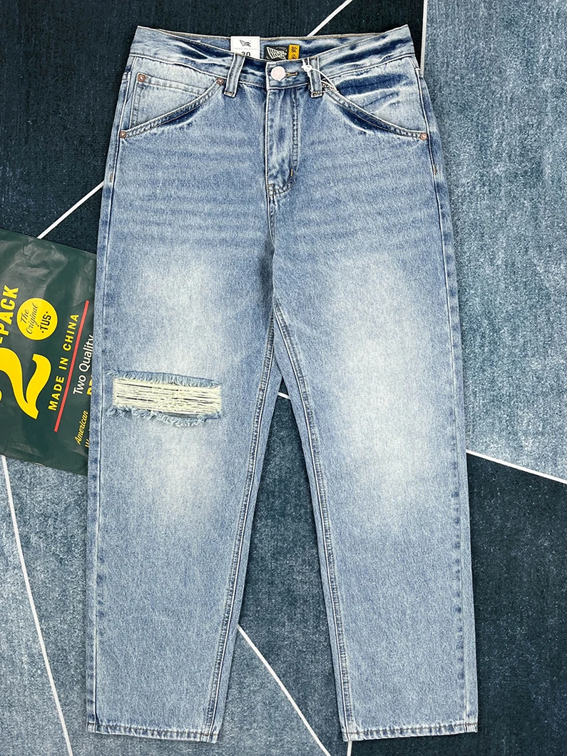 

Весенне-летние тонкие прямые джинсы для мужчин, свободные, в американском стиле, рваные, светло-голубые, длинные брюки, японский ретро-тренд, повседневная одежда