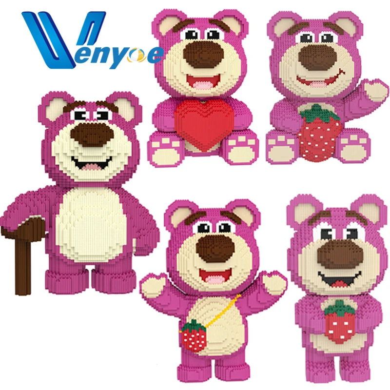 Bloques de construcción de oso de fresa para niños, juguete Kawaii de oso rosa, regalo de Decoración de mesa