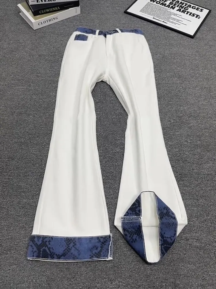 

White Snake Skin Pattern Cuffed Straight Leg Jeans Men's American High Street Style Unique Design Flared Long Trousers