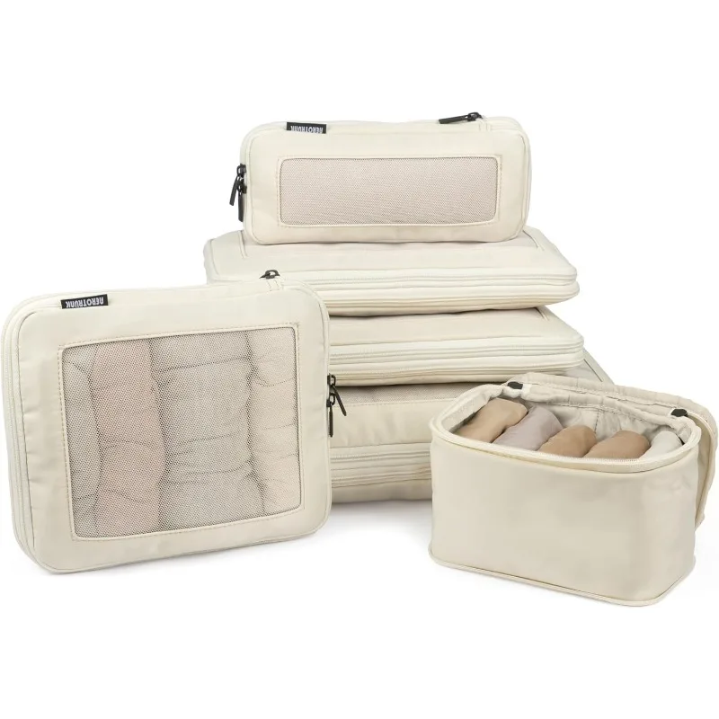 Compression Packing Cubes for Travel - Luggage Organizer Bags - Double Zipper Packing Cubes for Suitcases (6-Pack, Beige)