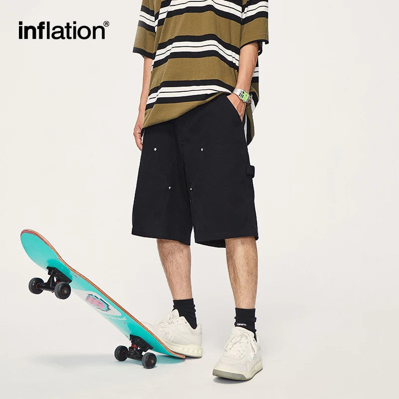 INFLATION Harajuku Cargo Shorts Unisex Solid Color Multi Pockets Cotton Wide Leg Shorts Men Plus Size