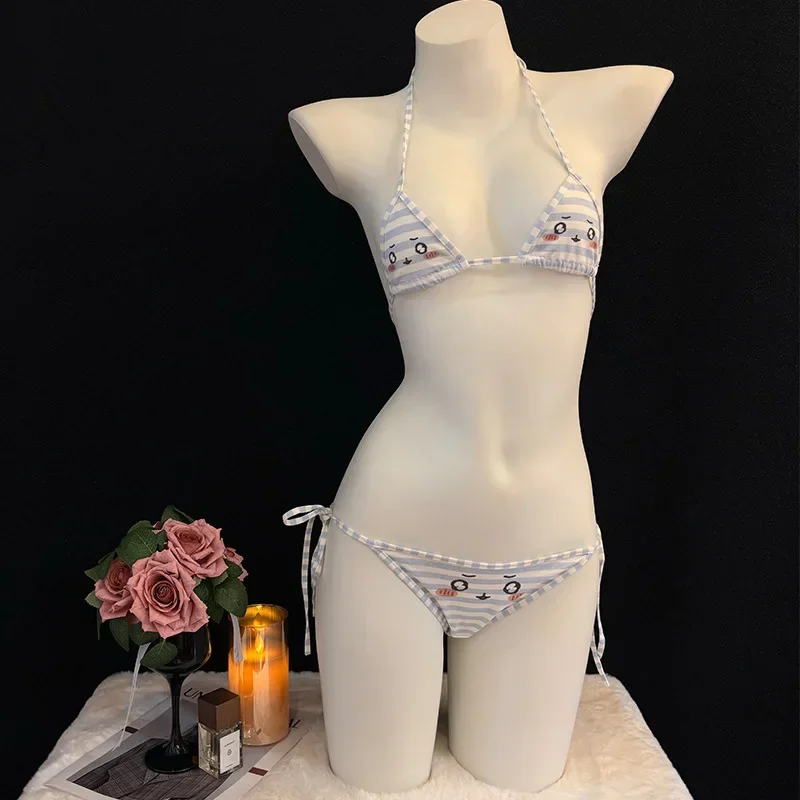 

New Cute Crying Face Striped Bikini Set Anime Japanese Swimsuit Sexy Bandage Underwear Role Play Sweet Girl Underwear Pajamas