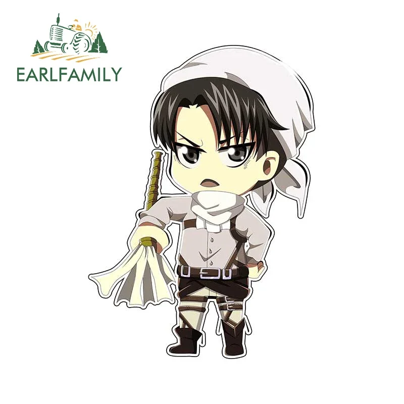 EARLFAMILY 13cm x 9.4cm Levi Chibi Cleaning Car Stickers Cute Motorcycle Decal Funny Vinyl Car Wrap Anime Campervan Car Styling