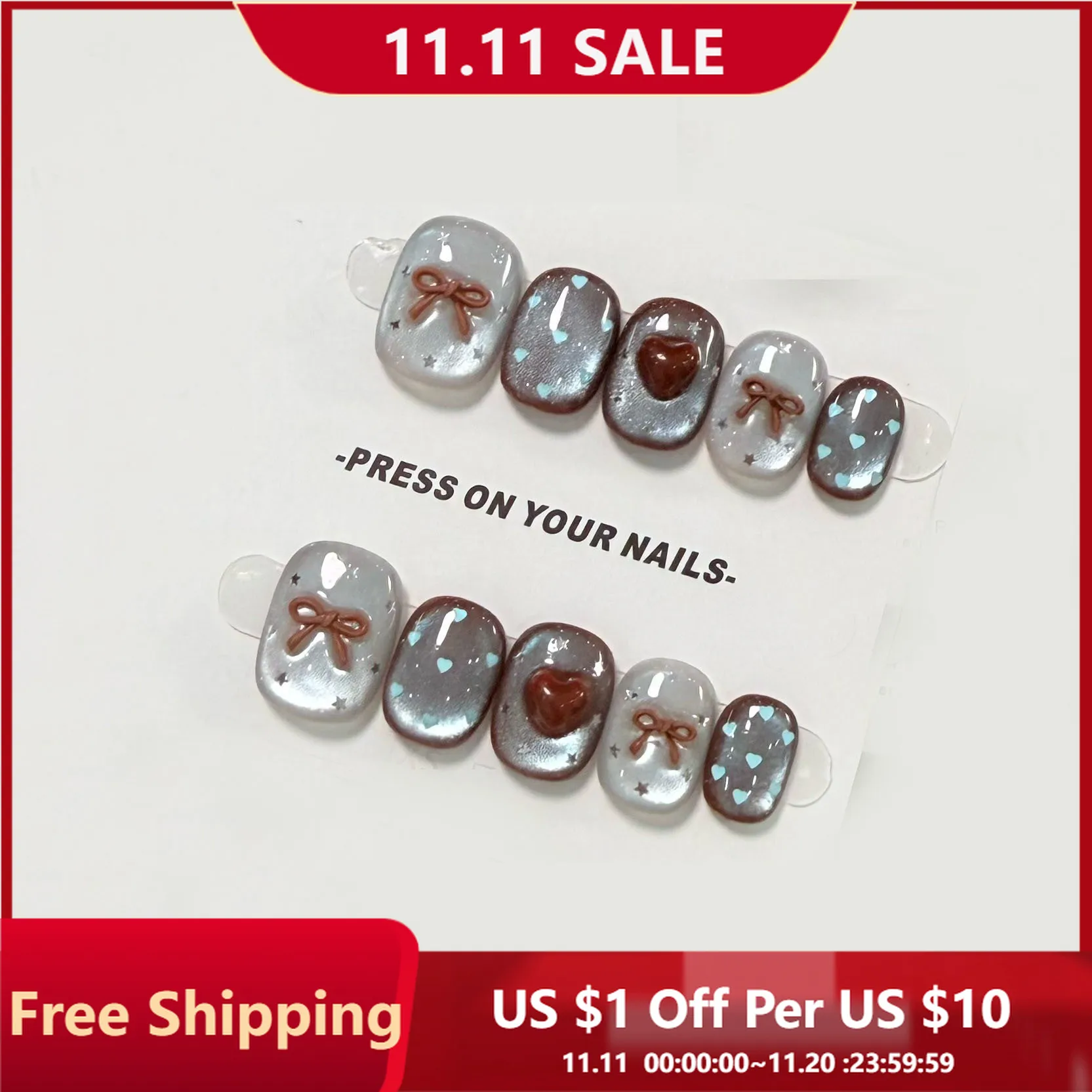 

10 шт., накладные ногти ручной работы, синие и коричневые, с бантом «кошачий глаз», полное покрытие, для женщин и девочек, короткие съемные носимые накладные ногти