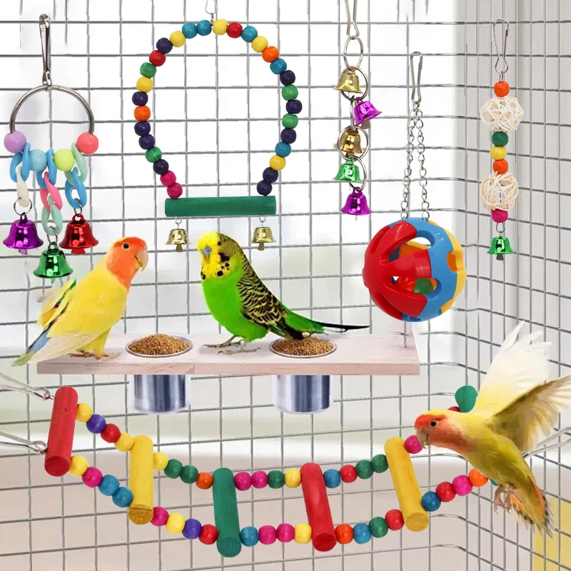 Parrot Bird Toys Bird Cage Swing Stand Small Parrot Hanging Hammock Parrot Bite Toy Set Bird Supplies Parrot Cage Bell Perch Toy