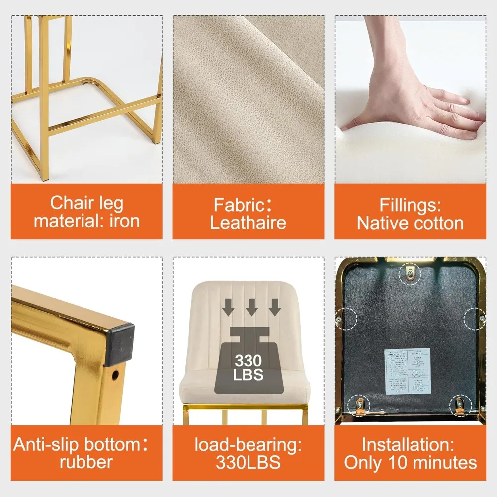 Bar Stool Set (2 Stools), 24 Inches High, with Padded Backrests, Leather, Gold-plated Metal Frame