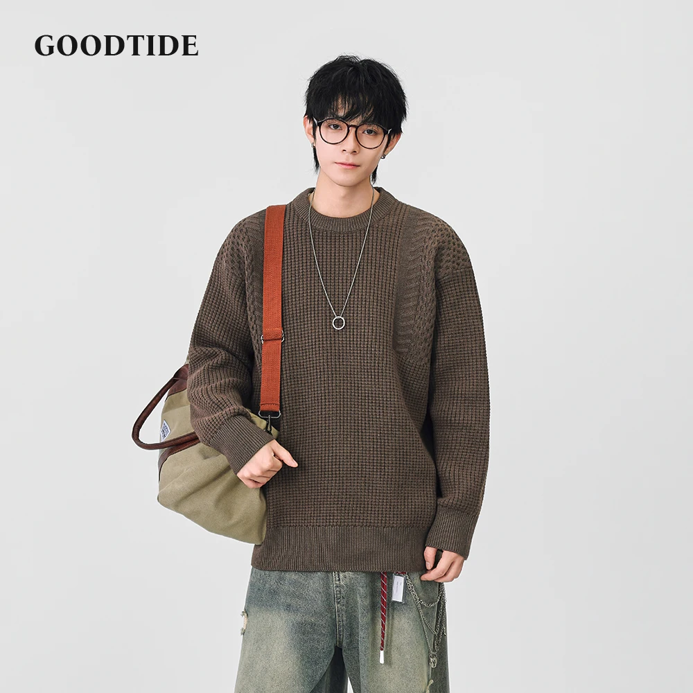 Fashion Men's Casual Crew Neck Sweater Waffle Knit Pullover Textured Panel Comfortable Soft Long Sleeve Jumper Winter Top