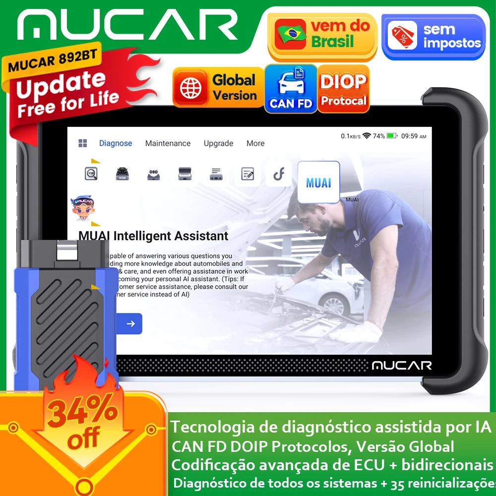 Versão global mucar 892bt obd2 ferramenta de diagnóstico obd2 scanner todos os sistemas podem fd/doip 35 redefinições ecu codificação atualização gratuita vitalícia