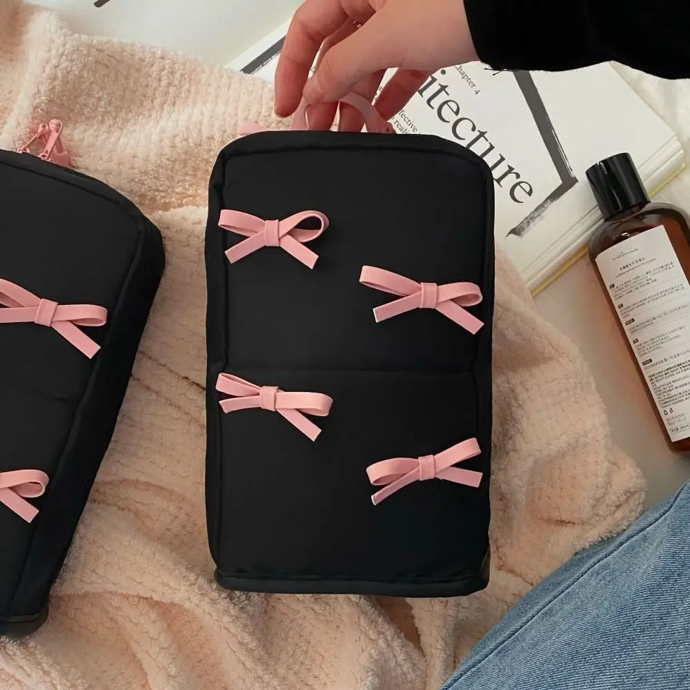 

Pink Bowknot Nylon Vertical Makeup Bag Pencil Case Large Capacity Bow Cosmetic Bag Makeup Brush Storage Partitioned