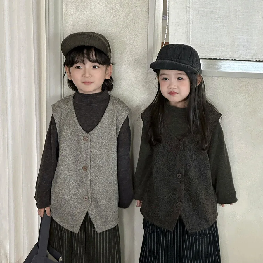 Children Clothes Kids Sweater 2026 Autumn Boys and Girls Retro Solid Color Sleeveless Simpl Kids Loose Sweater Waistcoat