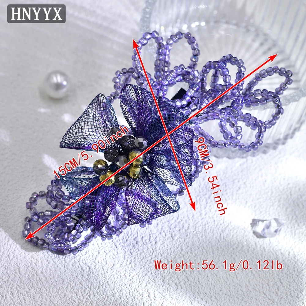 HNYYX Vintage Blue Beaded Hair Clip Prom Dress Hair Accessories Mesh Soft Chain Spring Clip Elegant Women Handmade Sideclip A211