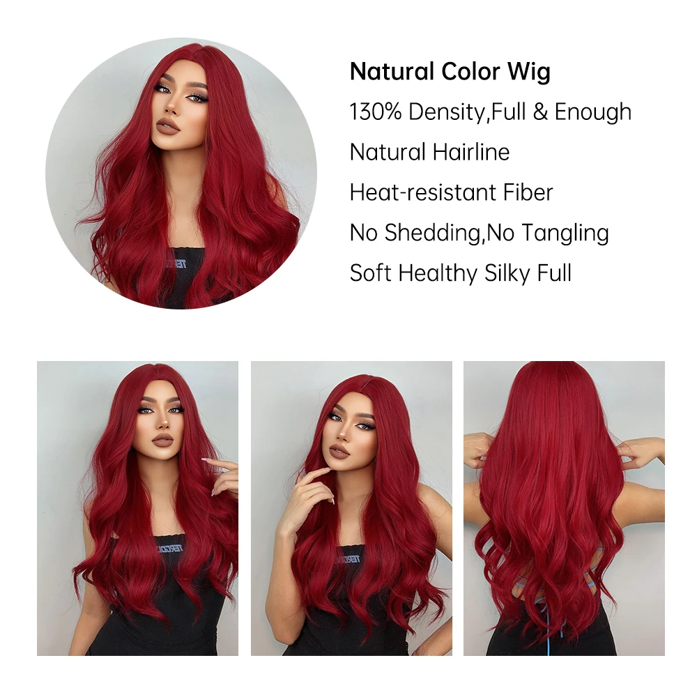 Wine Burgundy Red Long Wavy Synthetic Hair Wigs for Women Orange Red Body Wave Halloween Cosplay Natural Wig Heat Resistant