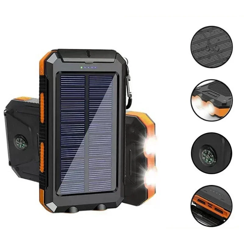 10000mAh Solar Charging Power Bank,Dual USB & Type C Output Port Multicharger Power Bank with Flashlight and Compass