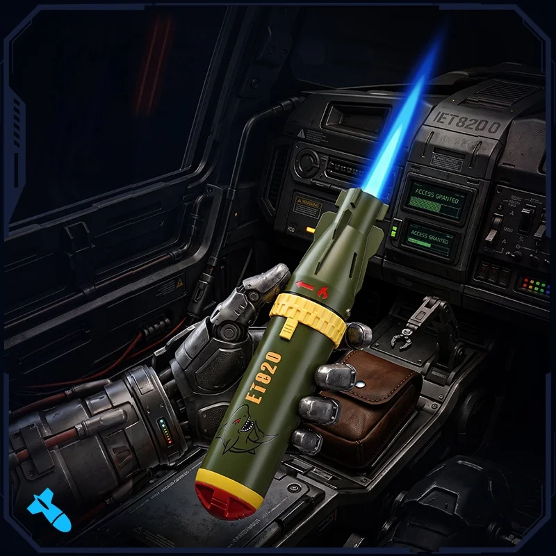 Missile Shaped Torch Lighter Military Green Shell Shark Graphic Adjustable Blue Jet Flame Collectible Ornament Military Style