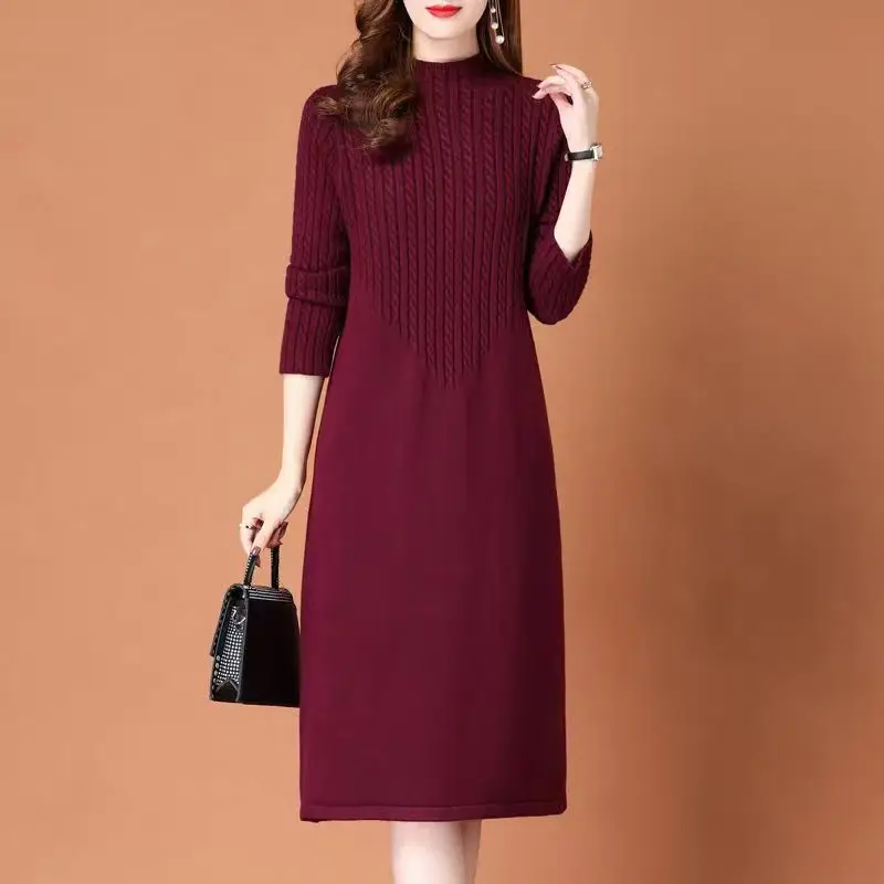 Thick Half Turtleneck Knitted Sweater Dress Elegant Korean Midi Dresses Women Fall Winter Vestidos Casual Knitwear Elbise New