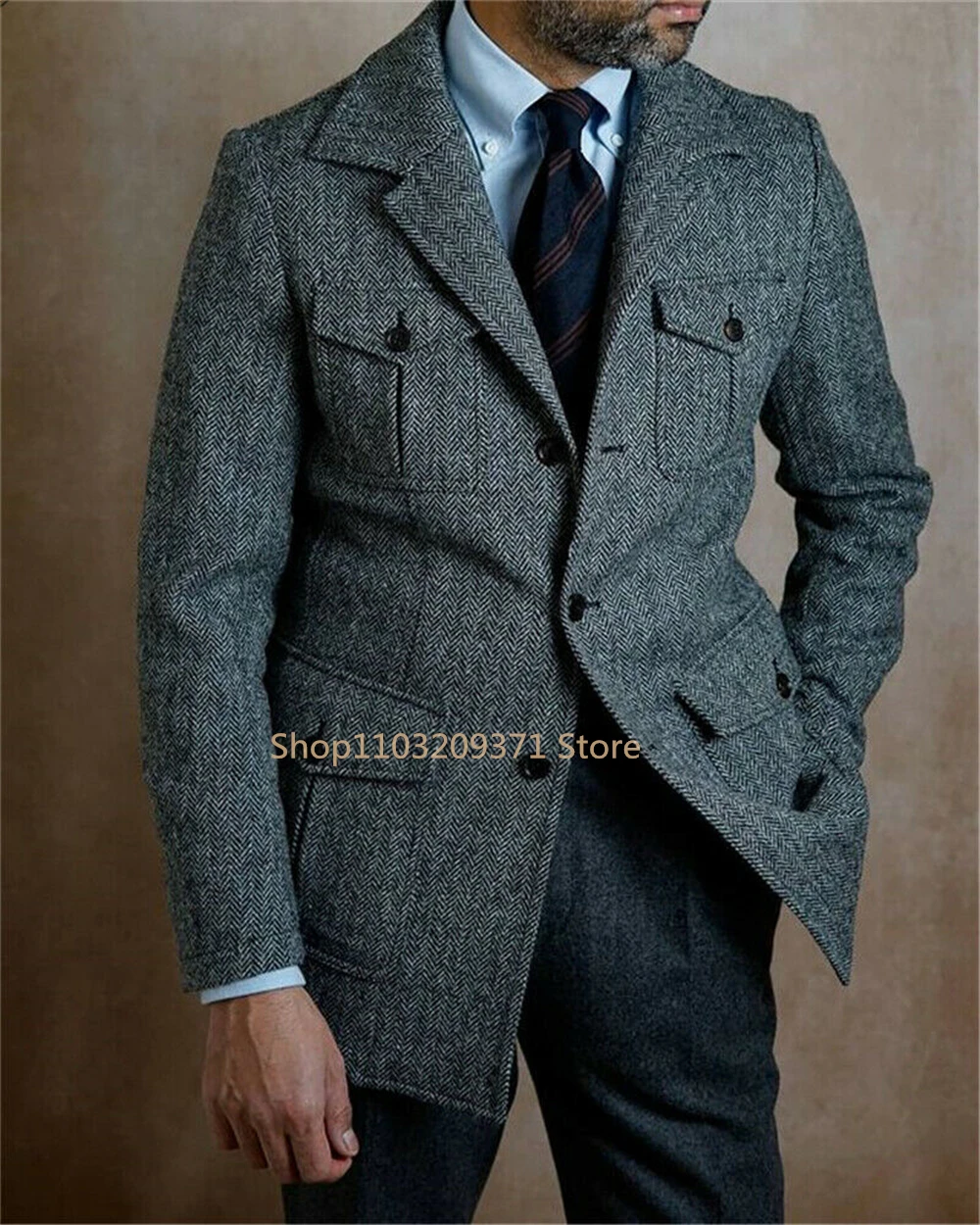 Tweed Blazer Men Vintage Casual Herringbone Tweed Suit Jackets Three Buttons Notch Lapel Wool Blend Sports Coat For Wedding