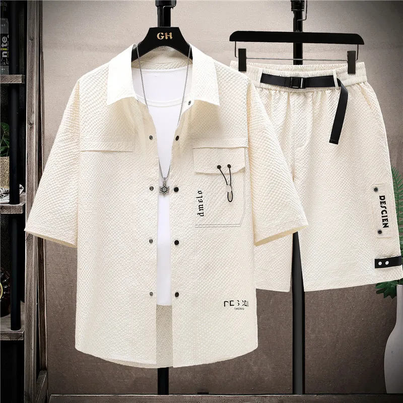 Summer Men\'s Set Casual Single Breasted Short Sleeve Shirt Shorts 2 Piece sets Loose Fashion High Quality Sweatshirt Suit