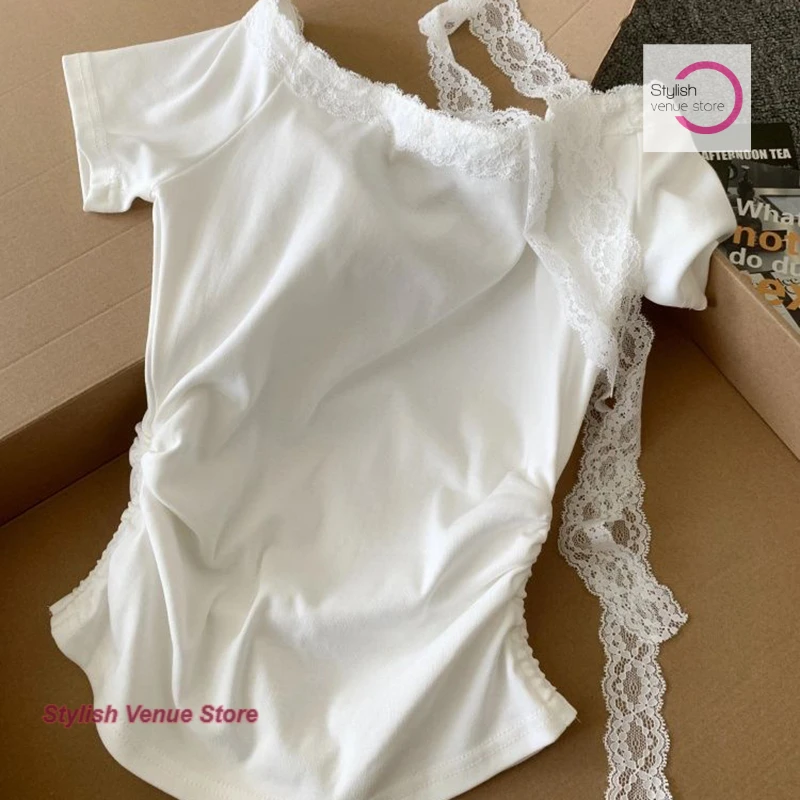 French white lace ribbon diagonal shoulder short sleeve T-shirt women's summer new sweet spice girl stitching pleated top