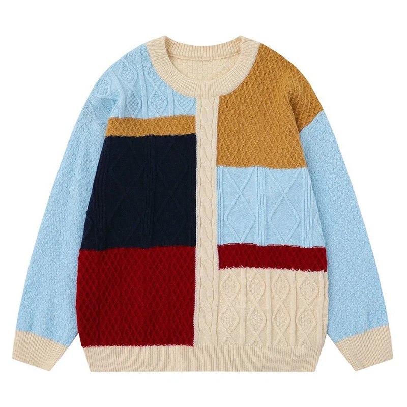 

Autumn Mens Knitted Jumper Sweaters Vintage Color Block Warm Pullovers Streetwear Harajuku Casual Loose Fit Knitwear Clothing