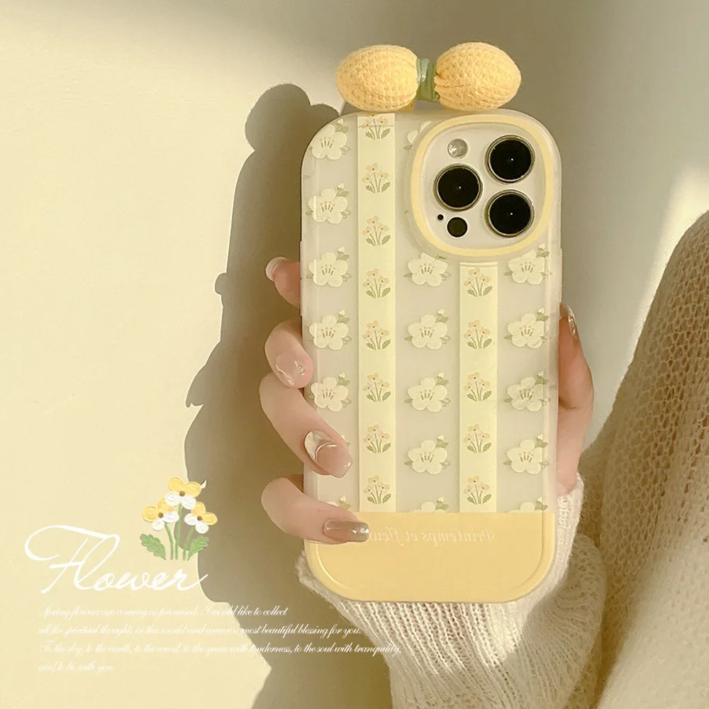 Retro sweet bow tie white yellow flower art Phone Case For iPhone 16 15 14 13 12 11 Pro Max Xr 15 14 Plus Xs Max case Cute cover