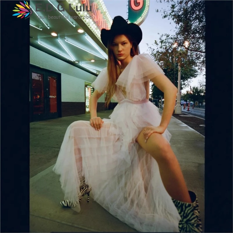 Edglulu doce praia férias manga curta vestido rosa mulher rendas retalhos malha em camadas plissado borda solta vestidos longos 1109