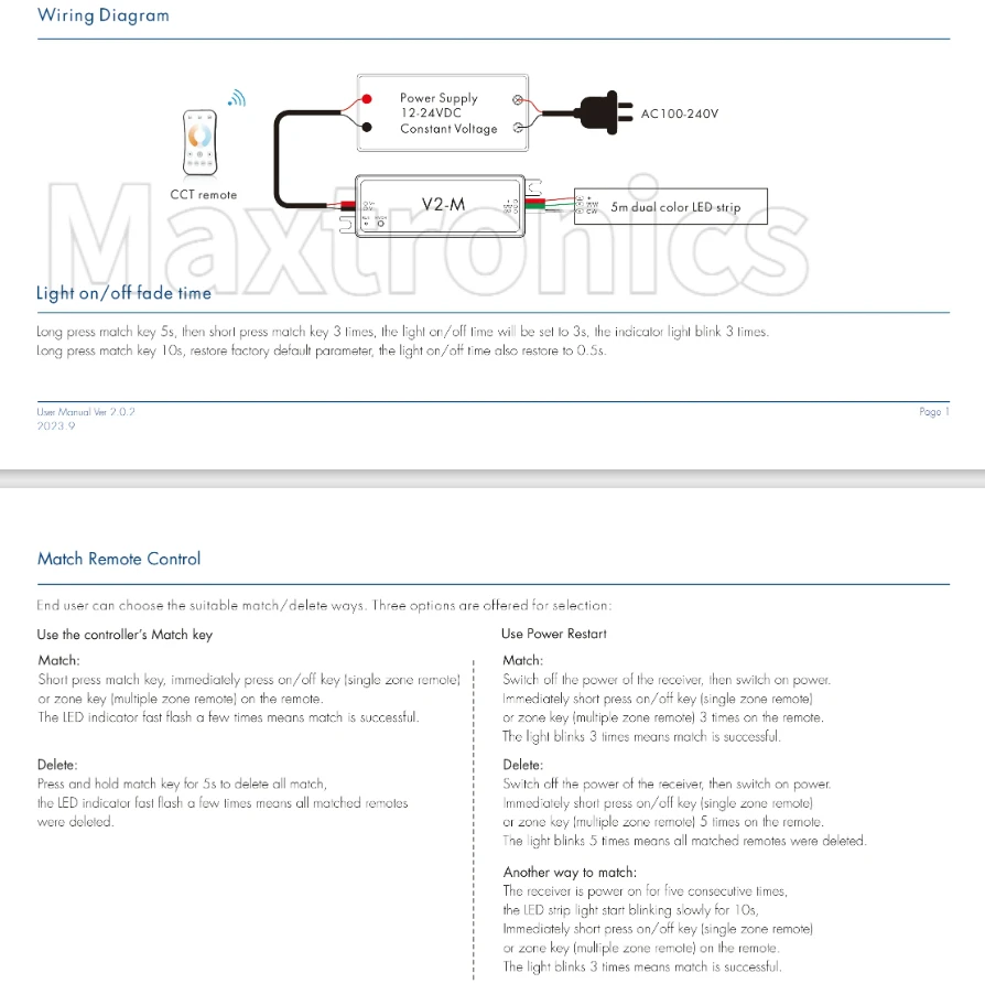 Skydance V2-M DC12-24V وحدة تحكم LED صغيرة مزدوجة اللون 2.4GRF 2.5A 2CH CCT الجهد المستمر لشريط LED لدرجة حرارة اللون