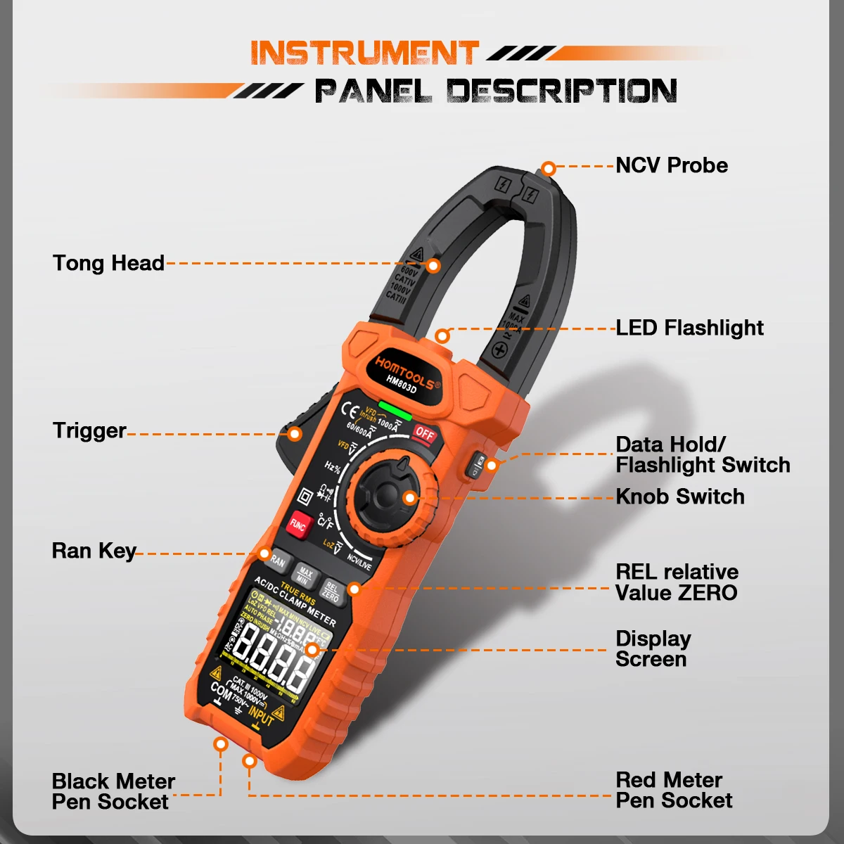 HOMTOOLS HM803D True RMS Digital Clamp Meter, AC DC arus 1000A 1000V Tang ammeter VFD diode 6000 hitungan klem amperimetri