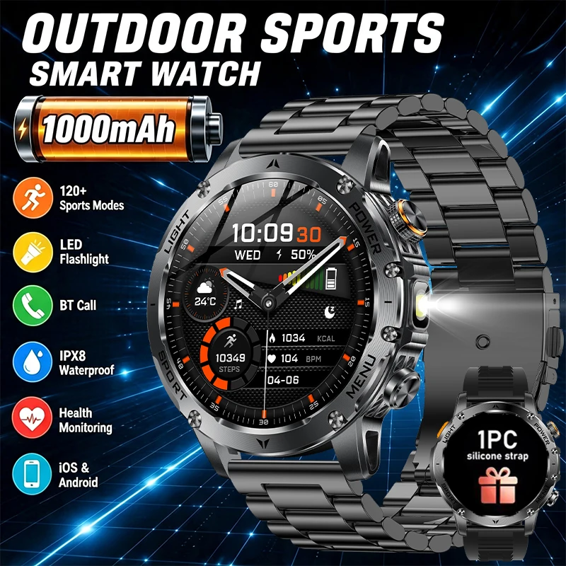 2026 New Smart Watch 1.7'' HD Ultra Large Screen IPX8 Waterproof Sports Tracking LED Flashlight Men's Christmas Gift
