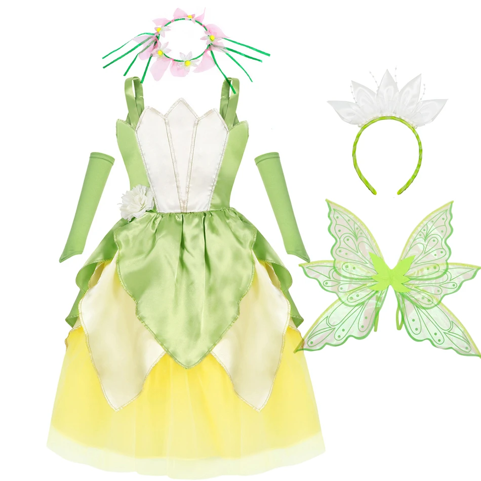 IMEKIS Prinzessin Tiana Kostüm Für Mädchen – Frosch-Kleid Mit Blätter-Oberteil, Zauberstab & Stirnband, Für Halloween & Karneval