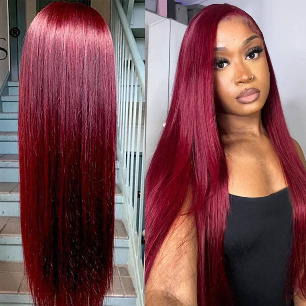 

Накладные парики из 100% натуральных человеческих волос, прямые, 40 дюймов, цвет 99J (бордовый), с HD-кружевной передней частью 13x6 и HD-кружевом 13x4 (красный), для женщин, плотность 220%