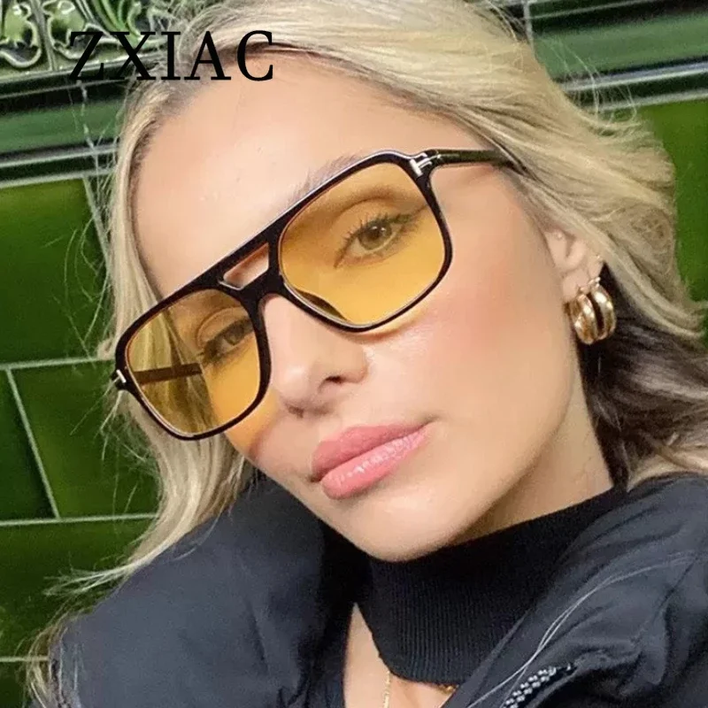 ZXIAC Trendy Double Bridge Marine Sunglasses Women Brand Design Metal Letter Temple Square Frame Sun Glasses Men Driving Shades