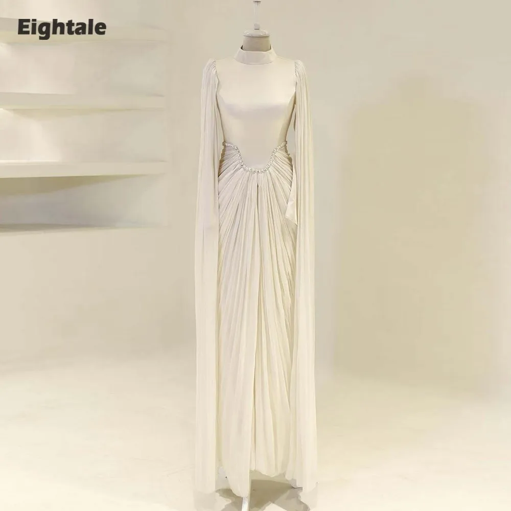 

Eightale Arabic Evening Dress High Neck Pleats Customized Muslim A-Line Long Sleeves Beaded Pleats Prom Wedding Party Gown