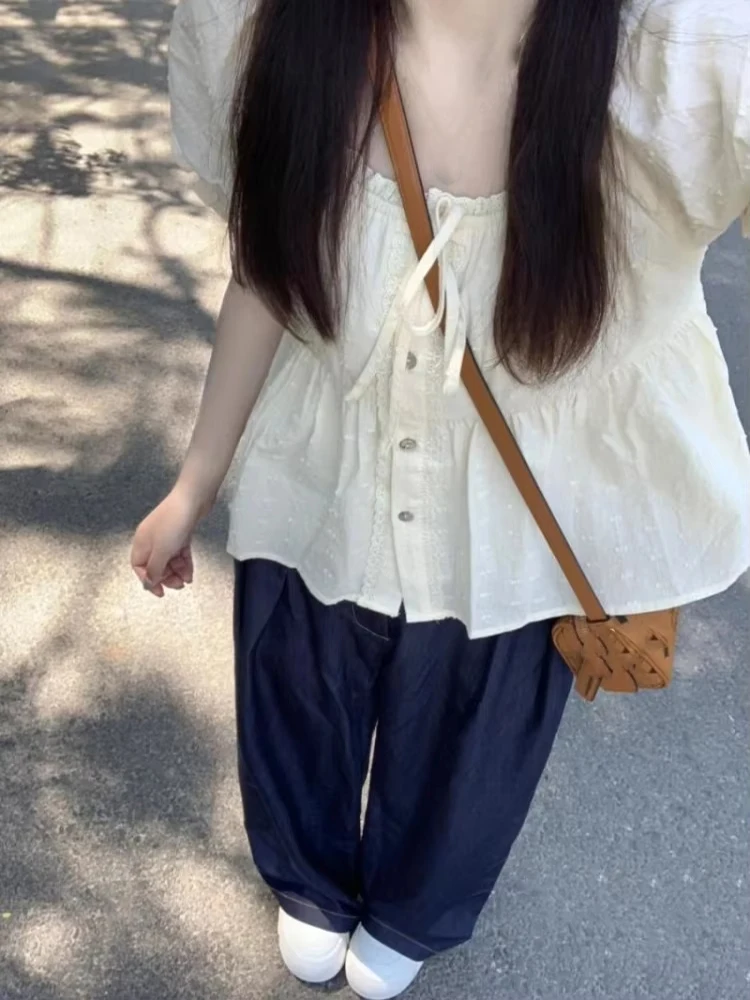 

Элегантные милые кружевные блузки с квадратным воротником Y2k, однобортные рубашки для девочек, женские летние рубашки 2022, Blusas Mujer с пышными рукавами