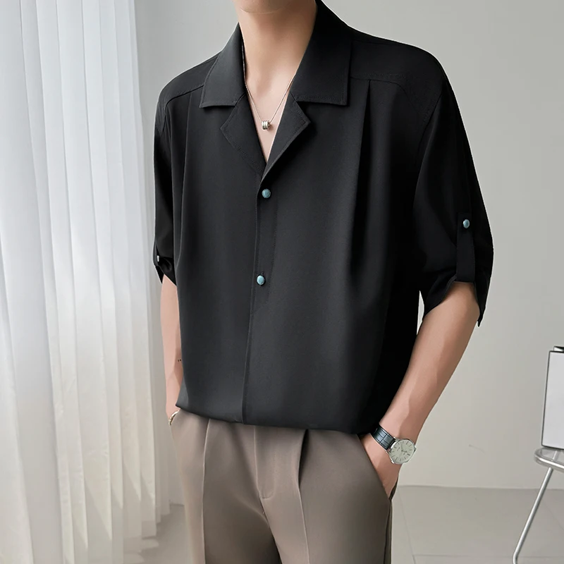 

2025 Summer Turquoise Button Design Shirt Men's Half Sleeve Loose Ice Silk Cool Shirt Solid Color Lapel Business Men Clothing