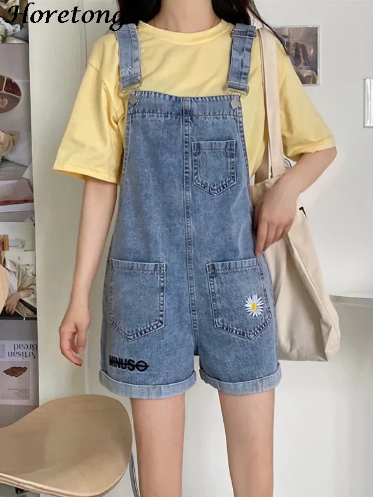 Horetong-Letter Flower Embroidery Denim Shorts for Women, Loose Rompers Thin Wide Leg Pants,Casual Summer Jumpsuit Korean Fashio