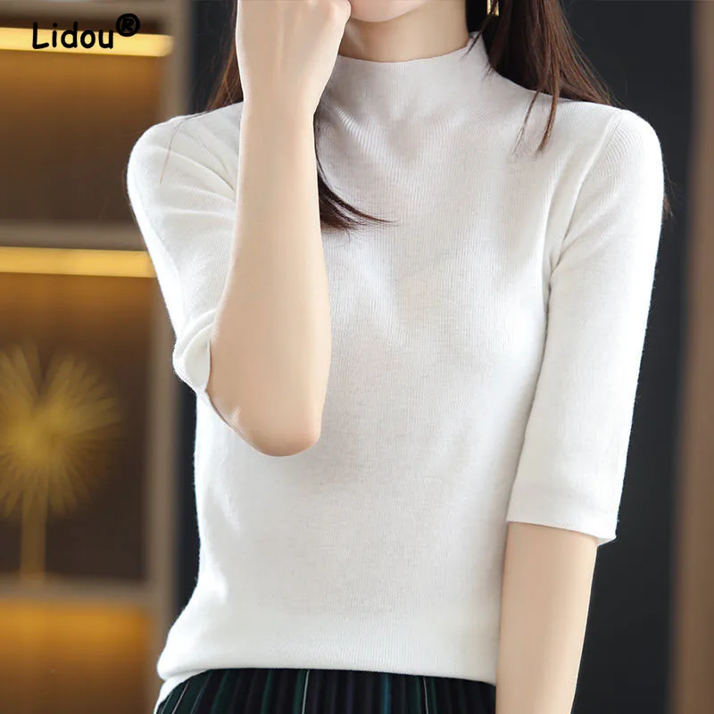 Women's Half Sleeve Knitted Pullovers, Monochromatic Sweater, Bottoming Shirt, Chic Women's Clothing, Spring, Autumn, New, 2024