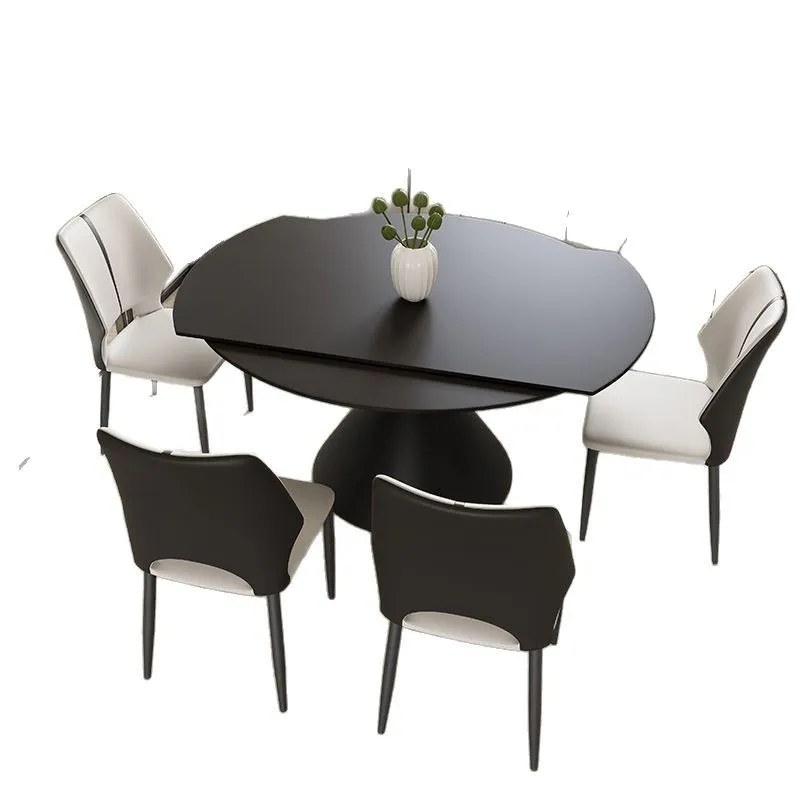 

Italian light luxury minimalist rock slab dining table and chairs can be rotated and retractable, square and round dual-purpose