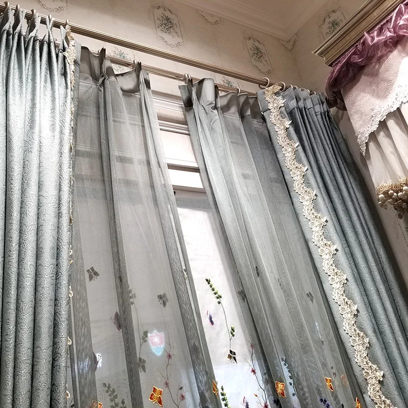 High-end Blue-green Jacquard Mosaic Embroidered Window Screen Curtains for Living Room Bedroom Balcony French Window Customized