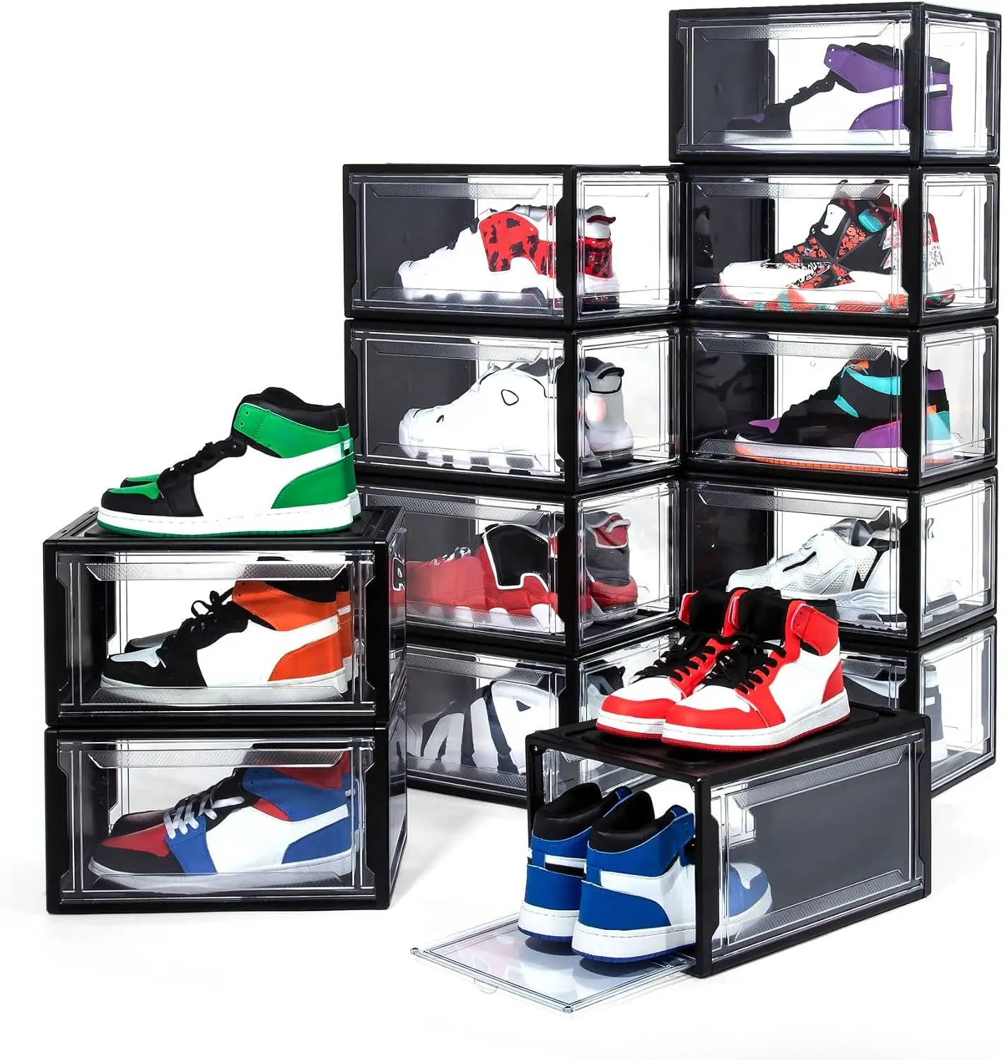 12 Pack Shoe Boxes, Clear Acrylic Plastic Shoe Boxes Stackable, Space-Saving Foldable Drop Front Shoe Storage Boxes Container fo