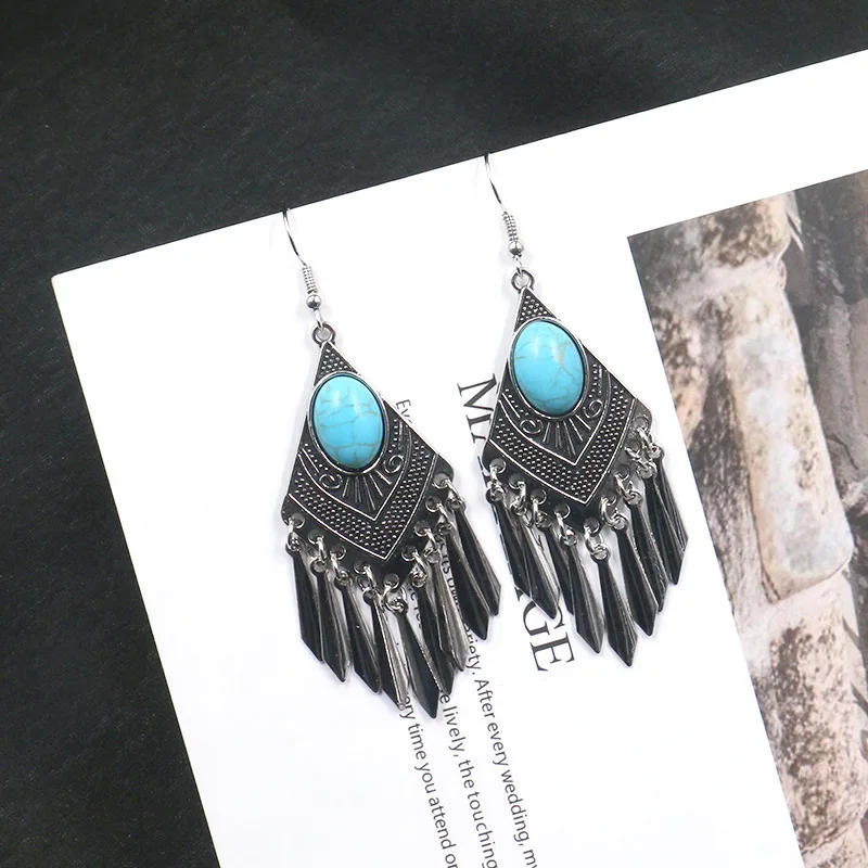 Bohemia Turquoises Earrings Silver Color Round Hoop Earrings For Women Female Party Earring Fashion Jewelry Accessories Gifts