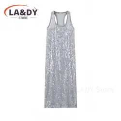 Women Elegant Sequin Vest Party Dress 2024 New Casual Silver Sleeveless Tassel Dresses Female Vestdios