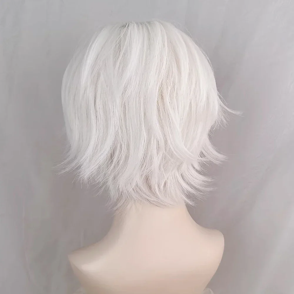 Synthetic Short White Men Universal Wig With Bangs Fluffy Anime Game Cosplay Hair Heat Resistant Wig For Daily Party