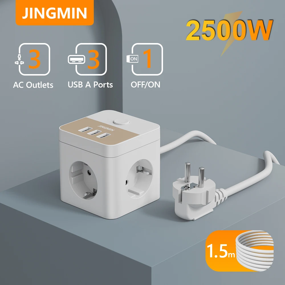 

JINGMIN USB Power Strip Cube with 3 AC Outlets 3 USB Ports 1.5M Extension Cable Multi Socket Power Adapter with Switch for Home