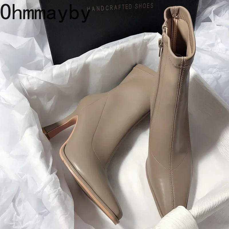 Botines de tacón alto fino para mujer, Botas cortas de punta estrecha, zapatos elegantes de felpa, invierno, 2024