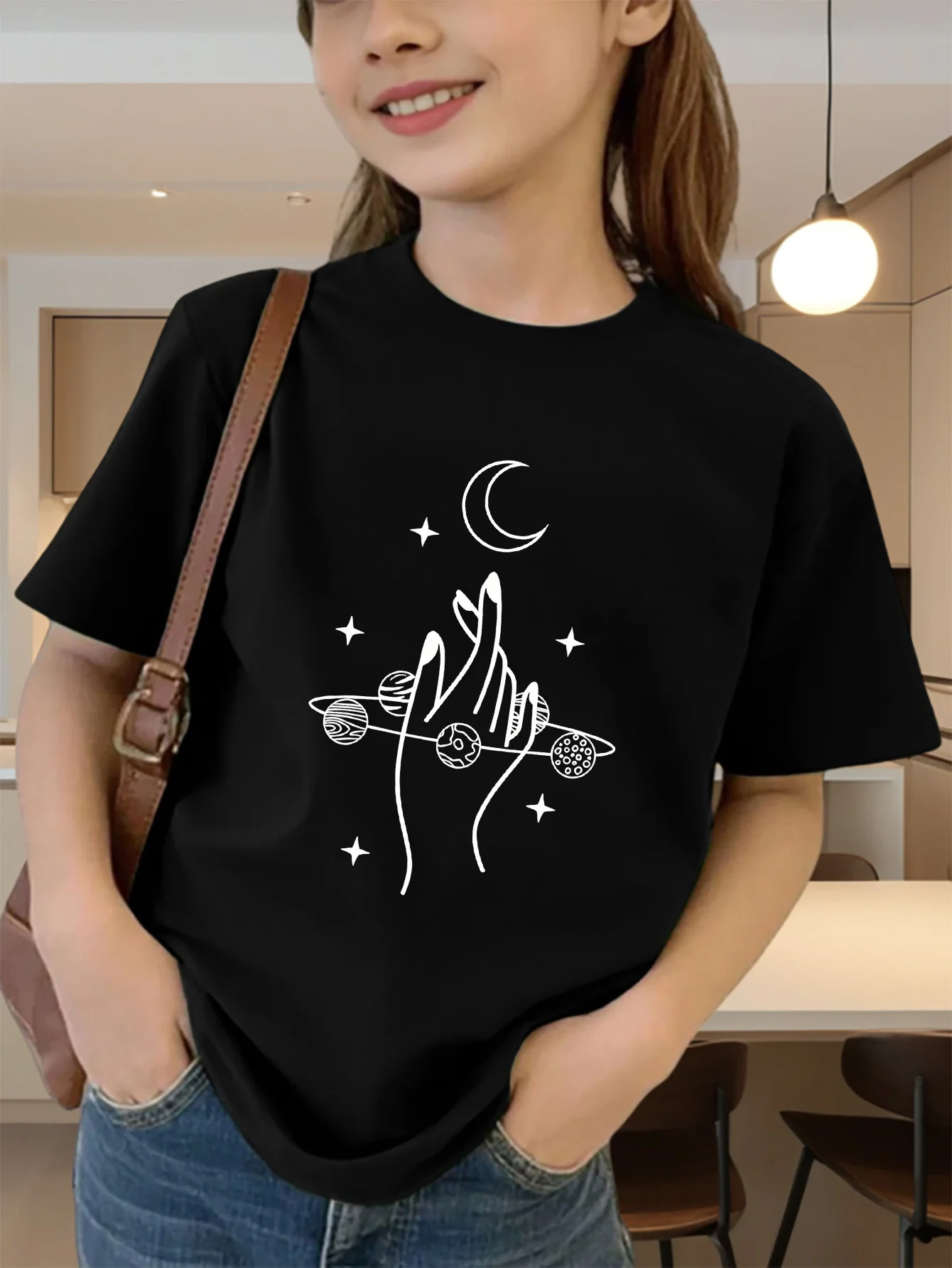 Cute Line Art Hand Moon Planet Star Graphic Kids Tee Boys Girls Family Matching Cotton Crew Neck Short Sleeve Soft Summer Tee